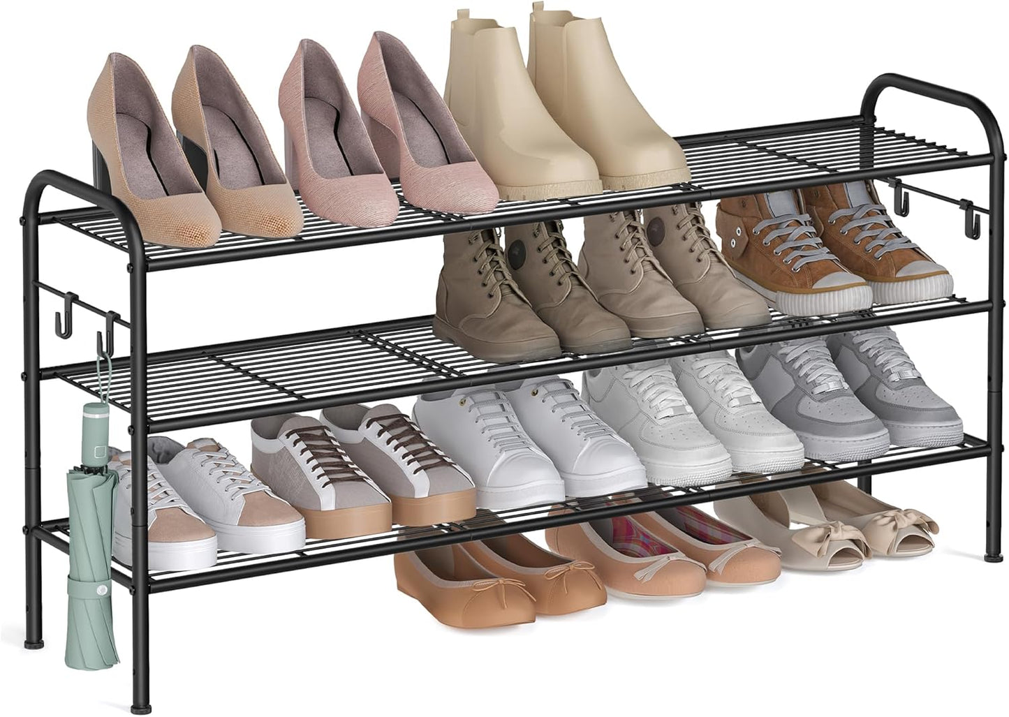 Shoe Rack, 2-Tier Shoe Organizer, Metal Shoe Shelf Storage with 4 Side Hooks, Holds 12 Pairs of Shoes, Height-Adjustable Shoe Rack for Entryway, Hallway, Closet, Easy Assembly, Ink Black