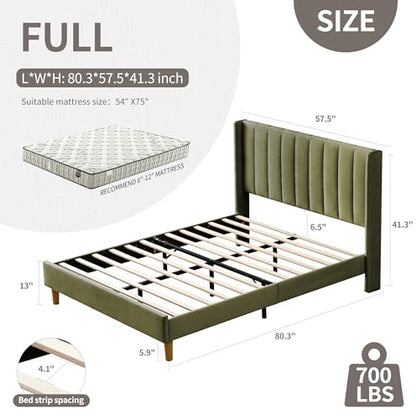Full Bed Frame，Platform Bed with Upholstered Headboard，Grass Green, view 3