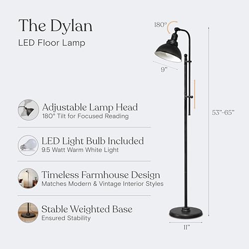 Dylan Industrial Floor Lamp for Living Rooms & Offices, Bright LED Light – Charming Farmhouse Standing Lamp, Adjustable Head Reading for Bedroom, Stunning Living Room Decor