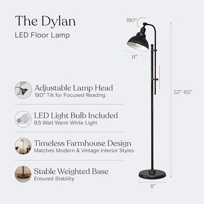 Dylan Industrial Floor Lamp for Living Rooms & Offices, Bright LED Light – Charming Farmhouse Standing Lamp, Adjustable Head Reading for Bedroom, Stunning Living Room Decor