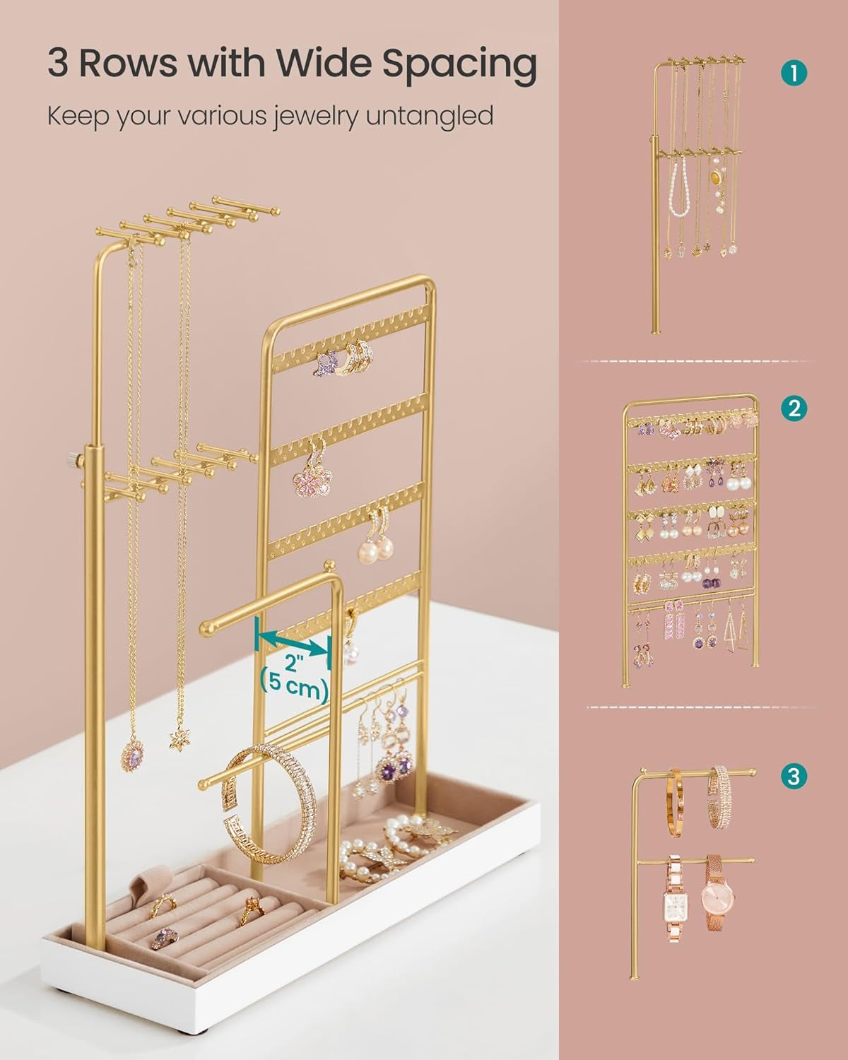 Jewelry Holder, Jewelry Storage Organizer Stand with Metal Frame, Velvet Tray, 12.1 to 18.7 Inches Tall Height Adjustable Necklace Holder, for Rings, Earrings, Pale Gold UJJS026A01