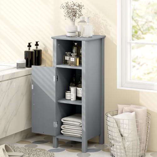 LUARANE Wooden Bathroom Floor Storage Cabinet, Side Storage Organizer Cabinet with 1 Door Open Shelf Adjustable Shelves, Small Free Standing Sideboard for Entryway Living Room Kitchen (Gray)