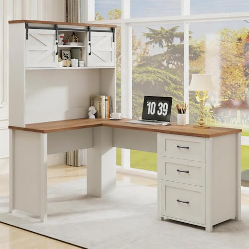 Farmhouse 68" H L-Shaped Desk with Hutch,Unique White, view 8