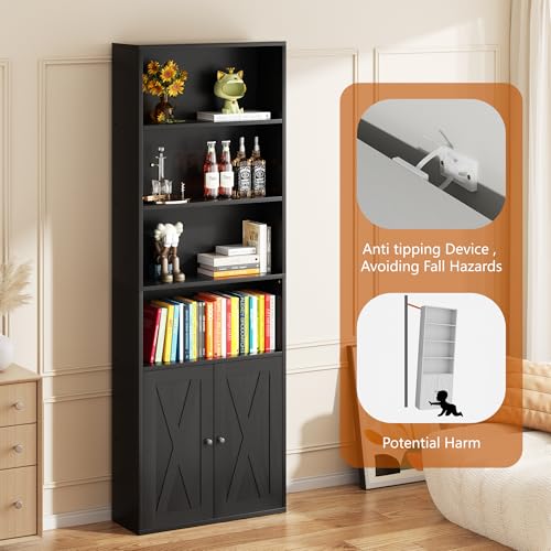 Farmhouse Bookcase with Doors & Storage, Tall 6-Tier Wood Bookshelf for Home Office Organization, Living Room Display, and Bedroom Storage Alternatives, 71-Inch Standing Shelf, Black
