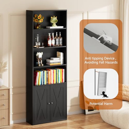 Farmhouse Bookcase with Doors & Storage, Tall 6-Tier Wood Bookshelf for Home Office Organization, Living Room Display, and Bedroom Storage Alternatives, 71-Inch Standing Shelf, Black