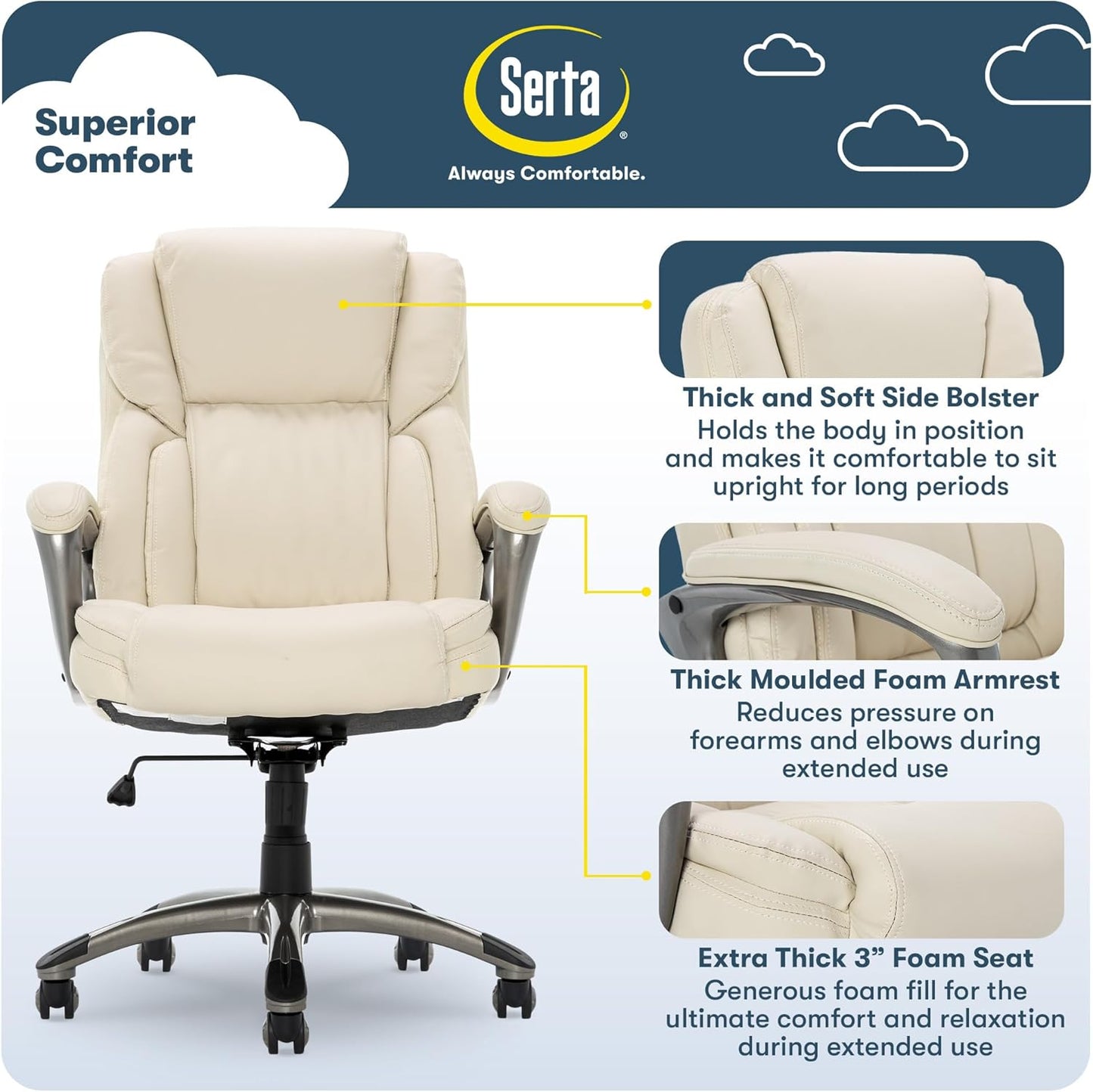 Garret Executive Office Chair, Ergonomic Mid-Back with Lumbar Support, Semi-Plush Cushion and Body Pillows, Padded Armrests, Swivel Base, Bonded Leather, Ivory White