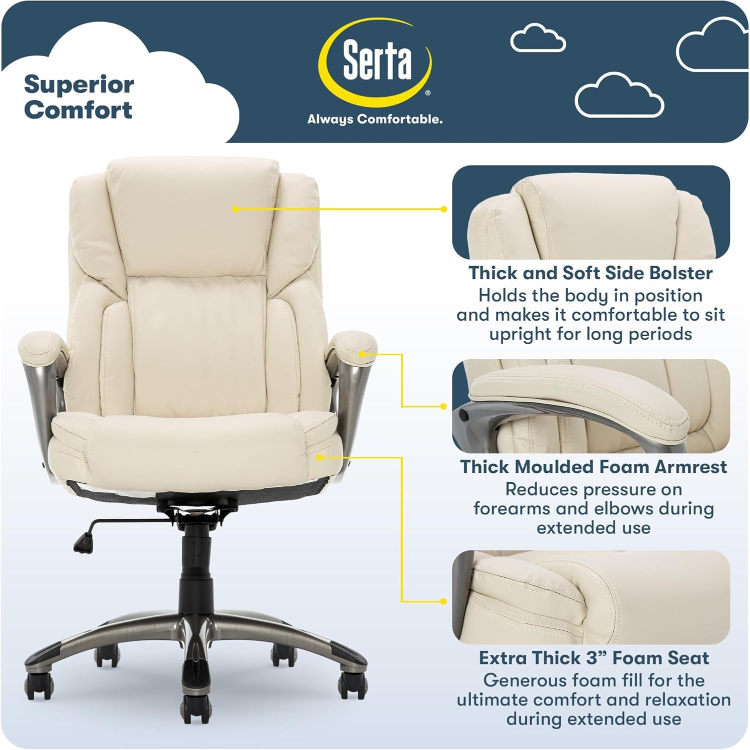 Garret Executive Office Chair, Ergonomic Mid-Back with Lumbar Support, Semi-Plush Cushion and Body Pillows, Padded Armrests, Swivel Base, Bonded Leather, Ivory White