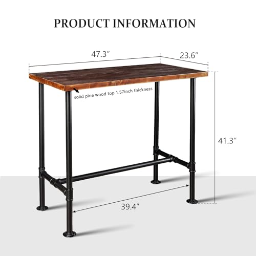 DIY Industrial Design Pipe Dining Table Casual Pub BAR Laptop Table Modern Studio Wood and Metal Rectangular Dining Table homeoffice Desk Breakfast high bar Table Brown Desktop 47.3" × 23.6"