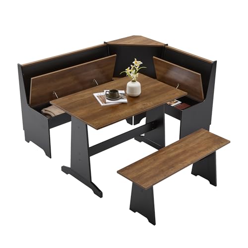 Corner Dining Table Set with Storage, 3-Piece L-Shaped Breakfast Nook Featuring Hidden Bench Storage, Compact Kitchen Dining Set for Small Spaces, Black & Oak