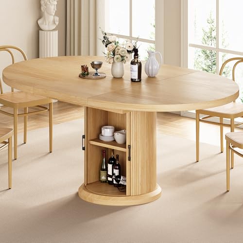 47″–63″ Extendable Round Dining Table for 4–8 with Dust-Proof 2-Tier Storage Shelf Space-Saving Expandable Dining Room Table Wood Oval Circle Dining Table with Pedestal Base (Natural)