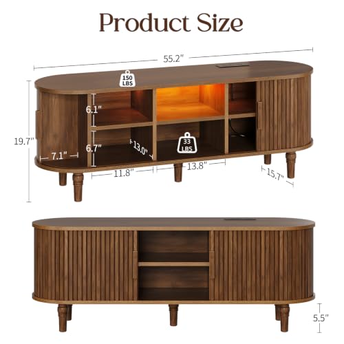 Mid Century Modern TV Stand - 55" TV Console with Fluted Sliding Doors, view 3
