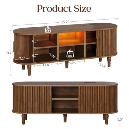 Mid Century Modern TV Stand - 55" TV Console with Fluted Sliding Doors, view 3