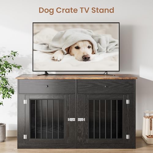 60" Dog Crate Furniture for 2 Dogs, Dog Kennel Furniture, Black, view 6