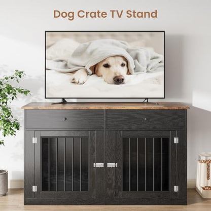 60" Dog Crate Furniture for 2 Dogs, Dog Kennel Furniture, Black, view 6