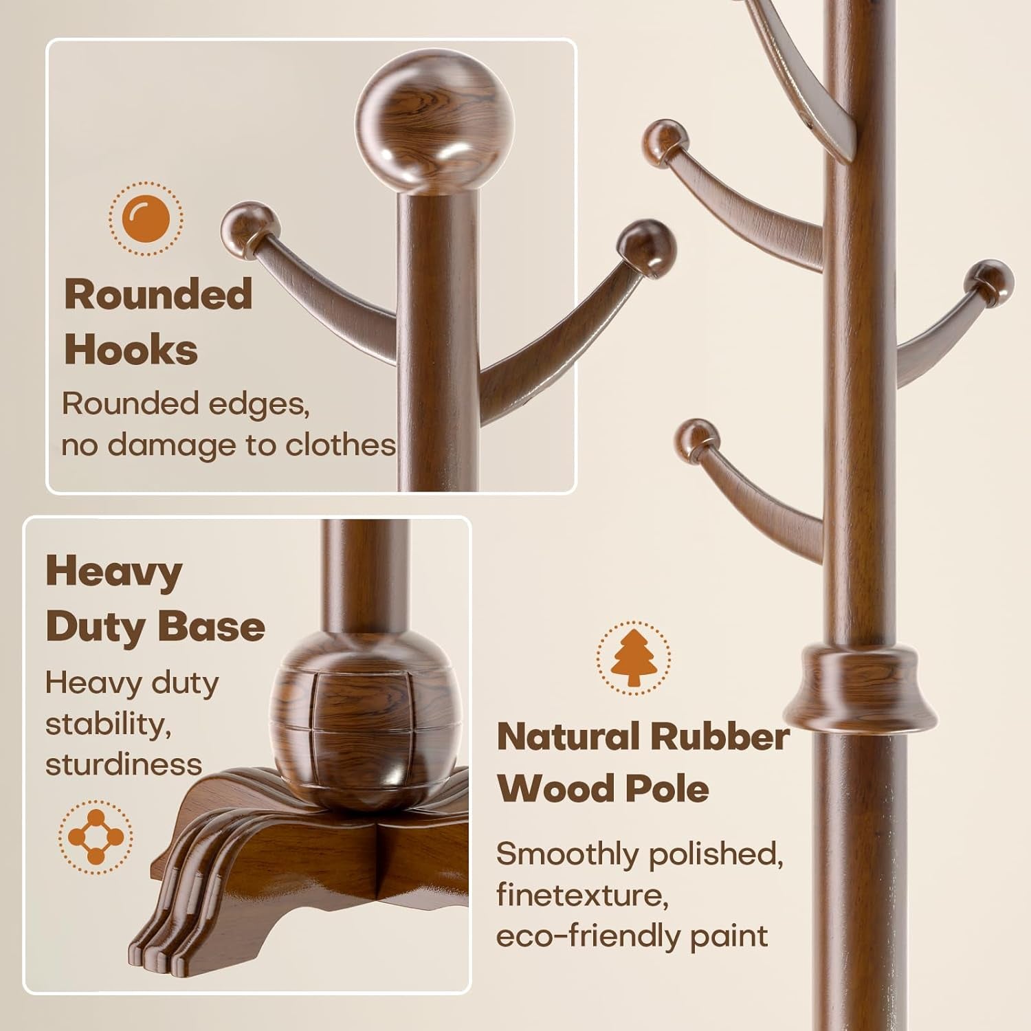 Hall Tree, Freestanding Wood Tree Rack with 7 Hooks, Coat Rack with Stable Sphere Base, Wooden Coat Rack Stand, Load 210 Lb, Coat Hanger Stand for Entryway, Hallway, Bedroom, H:72 In, Walnut