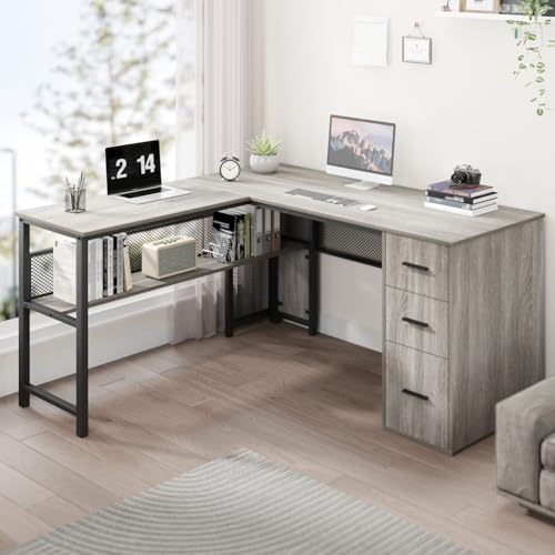 Reversible Gray L Shaped Corner Desk, Farmhouse Wood Computer Desk with File Drawers Cabinets, Large Work Study Executive Home Office Desk with Storage Shelves for Bedroom, Light Grey Oak, 59 Inch