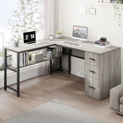 Reversible Gray L Shaped Corner Desk, Farmhouse Wood Computer Desk with File Drawers Cabinets, Large Work Study Executive Home Office Desk with Storage Shelves for Bedroom, Light Grey Oak, 59 Inch