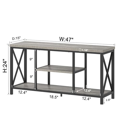 Modern TV Stand for TVs up to 55 Inch, Rustic Wood Entertainment Center with Storage Shelves, Industrial Media TV Console and TV Table for Living Room Bedroom, 47 Inch Light Grey