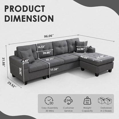 Sectional Sofa Couch, Modern 4-Seaters Living Room Furniture Sets with Reversible Chaise Lounge & 2 Pillows | L Shape Couch | Cup Holders | Linen Fabric, Gray