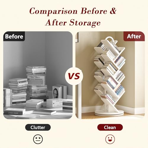 16-Tier Tree Rotating Bookshelf, 360 Degree Spinning Standing Bookcase for Magazines DVDs Books, Corner Bookcase for Living Room Bedroom Study, White