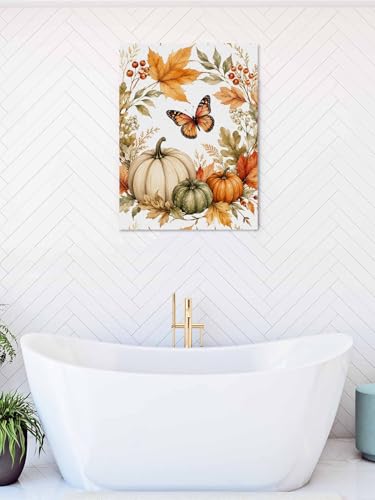 NuYeBiofx Fall Thanksgiving Pumpkin Berry Canvas Wall Art Prints,30"x20" Framed Picture Artwork Autumn Maple Leaves Butterfly Printed Canvas Oil Painting for Living Room Bedroom Office,Ready to Hang