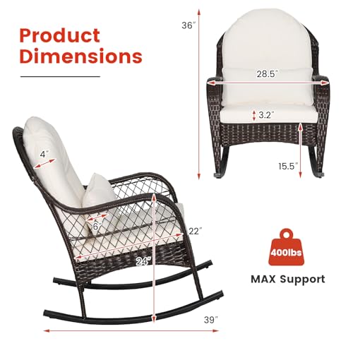 Outdoor Wicker Rocking Chair, Patio Rattan Rocker w/Lumbar Pillow, Padded Seat & Back Cushions, Metal Frame, Mix Brown Wicker Furniture for Balcony, Porch, Deck, Backyard (Off White)