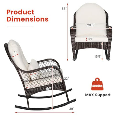 Outdoor Wicker Rocking Chair, Patio Rattan Rocker w/Lumbar Pillow, Padded Seat & Back Cushions, Metal Frame, Mix Brown Wicker Furniture for Balcony, Porch, Deck, Backyard (Off White)