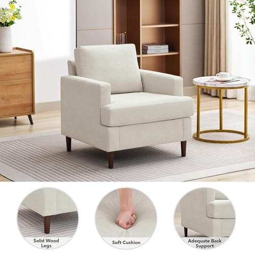 Mid-Century Accent Chair,Modern Linen Fabric Armchair for Living Room,Comfy Upholstered Reading Accent Chairs for Bedroom,Single Sofa Chair with Wood Legs (Beige, 1 Pack)