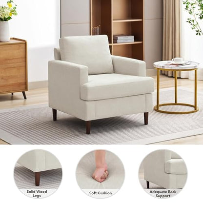 Mid-Century Accent Chair,Modern Linen Fabric Armchair for Living Room,Comfy Upholstered Reading Accent Chairs for Bedroom,Single Sofa Chair with Wood Legs (Beige, 1 Pack)