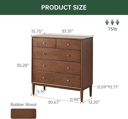 100% Solid Wood Nightstand with 5 Drawer, 5 Drawer Side Table for Bedroom, view 3
