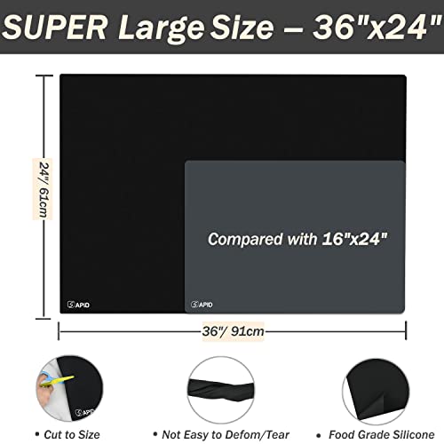 Extra Large Silicone Mat 36" x 24" Place Mats, Heat Resistant Mat for Kitchen Countertop Protector, Thick Placemats Washable Silicone Mats for Kitchen Counter Mat Dining Table Mat, Black