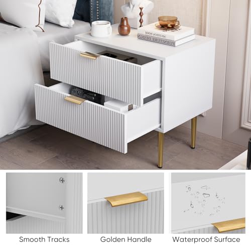 White Nightstand for Bedroom, Fluted Night Stand, End Table for Living Room, Mid Century Modern Bedside Table with Drawers, Bed Side Table with Gold Metal Legs, Bedroom Furniture Stripe