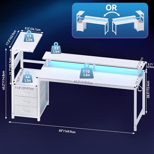 L Shaped Gaming Desk with Shelves Storage Drawers 59'', White Computer Desks with LED Lights Power Outlets, Office Wood Table with PC Stand Cable Management for Bedroom Dual Monitor Streaming