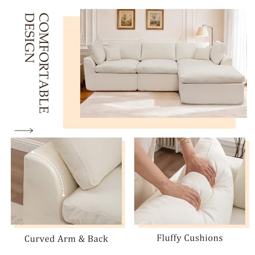 112" Cloud Sectional Couches for Living Room, Modern Modular Sectional Sofa with Ottoman, Boneless Cloud Couch with Comfy Deep Seats, Fluffy Chenille L-Shape Sofa Couch for Living Room, Beige
