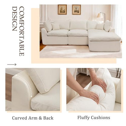 112" Cloud Sectional Couches for Living Room, Modern Modular Sectional Sofa with Ottoman, Boneless Cloud Couch with Comfy Deep Seats, Fluffy Chenille L-Shape Sofa Couch for Living Room, Beige