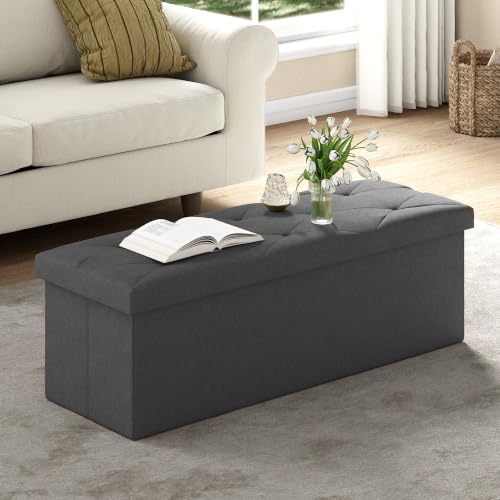 43'' Folding Storage Ottoman Bench, Storage Chest, Linen Fabric Foot Rest Stool, 158L Storage Footstools for Bedroom and Living Room, Holds up to 660 lbs, DGray