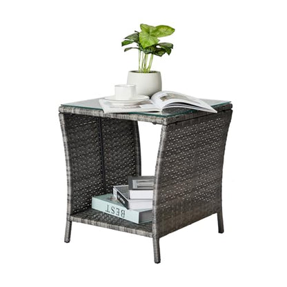 Rattan Outdoor Side Table with Glass Top & Storage Shelf | Small end coffee table, versatile outdoor furniture for patio, porch, backyard and balcony
