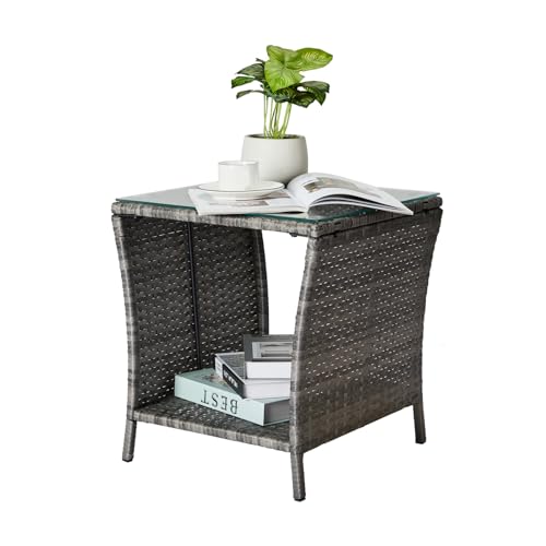 Rattan outdoor side table with glass top and storage shelf, view 2