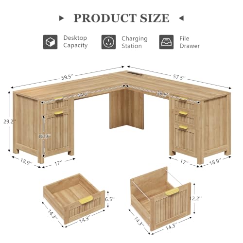 59" Fluted L Shaped Desk with Drawers & Storage Cabinet for Home Office, view 3