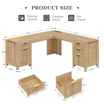 59" Fluted L Shaped Desk with Drawers & Storage Cabinet for Home Office, view 3