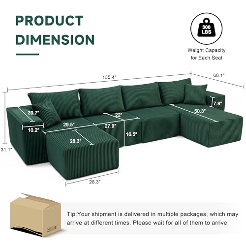 Cloud Couch Sectional, Modular Sofa with Deep Seat, Plush Corduroy U Shaped Boneless Couch, Convertible Sectional Couches for Living Room (Green, 4 Seater & 2 Ottomans)
