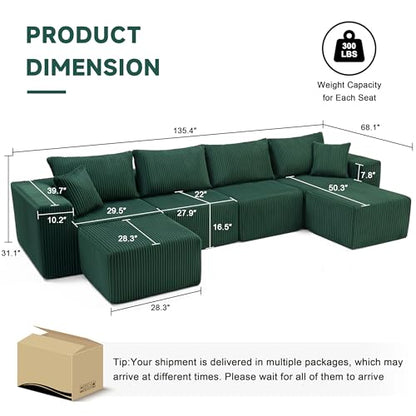 Cloud Couch Sectional, Modular Sofa with Deep Seat, Plush Corduroy U Shaped Boneless Couch, Convertible Sectional Couches for Living Room (Green, 4 Seater & 2 Ottomans)