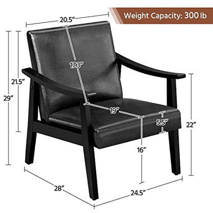 Yaheetech PU Leather Black Chairs, Mid-Century Modern Armchair with Solid Wood Legs, Reading Accent Chair with High Back for Living Room Bedroom Waiting Room, 2 pcs, Black
