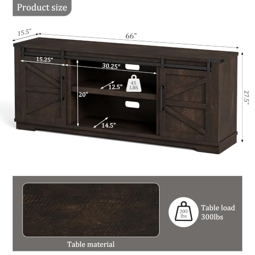 Farmhouse TV Stand, 66'' Wide Media Console with Barn Doors, Brown, view 3