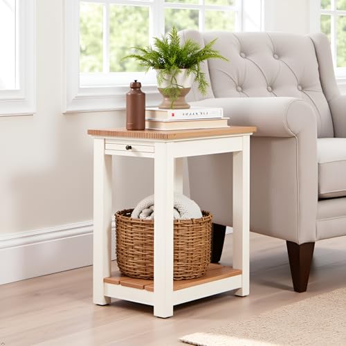 Savannah Narrow End Table – 12” W x 22” D Small Side Table with Pull-Out Tray and Storage Shelf – Farmhouse Nightstand for Living Room or Bedroom by (Ivory and Natural Wood Finish)