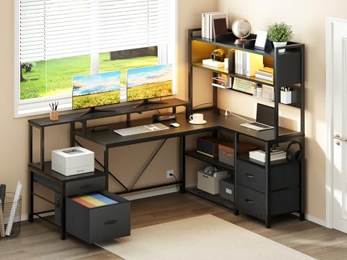 75" L Shaped Gaming Desk with Hutch, L Shaped Desk with Drawers, LED Light, Power Outlets & Pegboard, Corner Desk with Storage Shelves & Monitor Stand for Home Office, Black