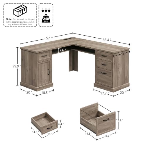 L Shaped Executive Desk with Storage, 4 Drawers, Grey, view 3