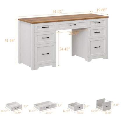 Farmhouse 61'' Executive Desk with 7 Drawers, Rustic Office Desk Computer Table with File Drawers, Wood Workstation for Home Office and Study,Unique White