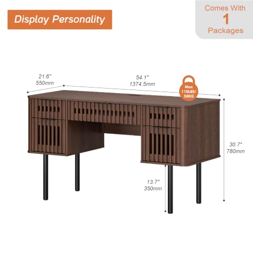 Fluted Executive Desk with Drawers, 54" Modern Writing Desk, Walnut, view 3