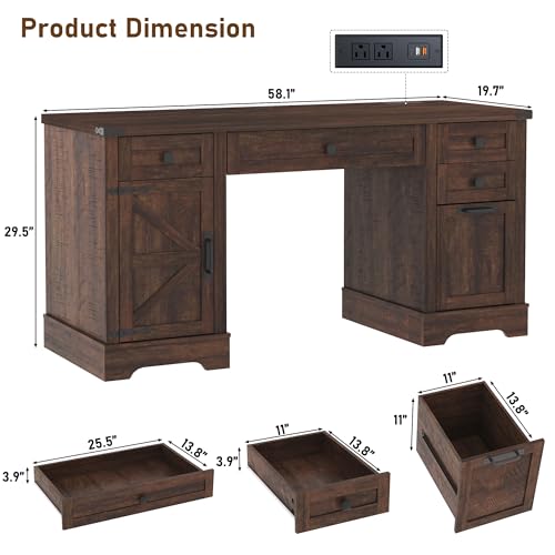 58'' Farmhouse Home Office Desk with Drawers, view 3